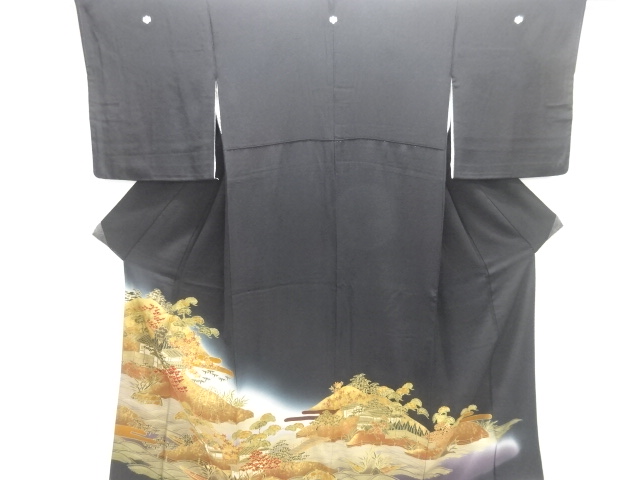 JAPANESE KIMONO / UNUSED TOMESODE / SILK / KINSAI / DISTANT MOUNTAINS & SCENERY OF HOUSES